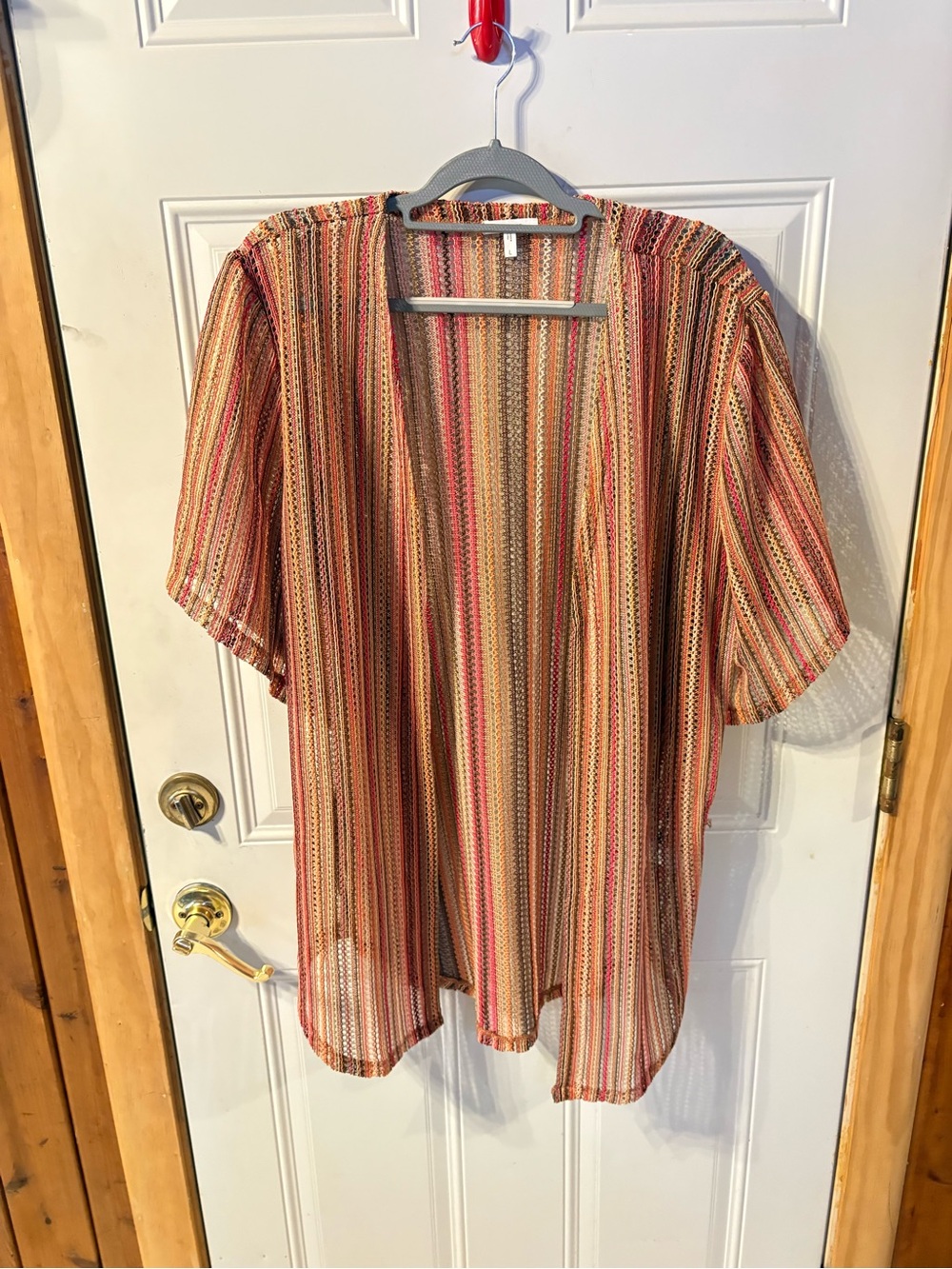 Maurices Striped Open-Front Short Sleeve Kimono in Coral, Tan & Cream Size L